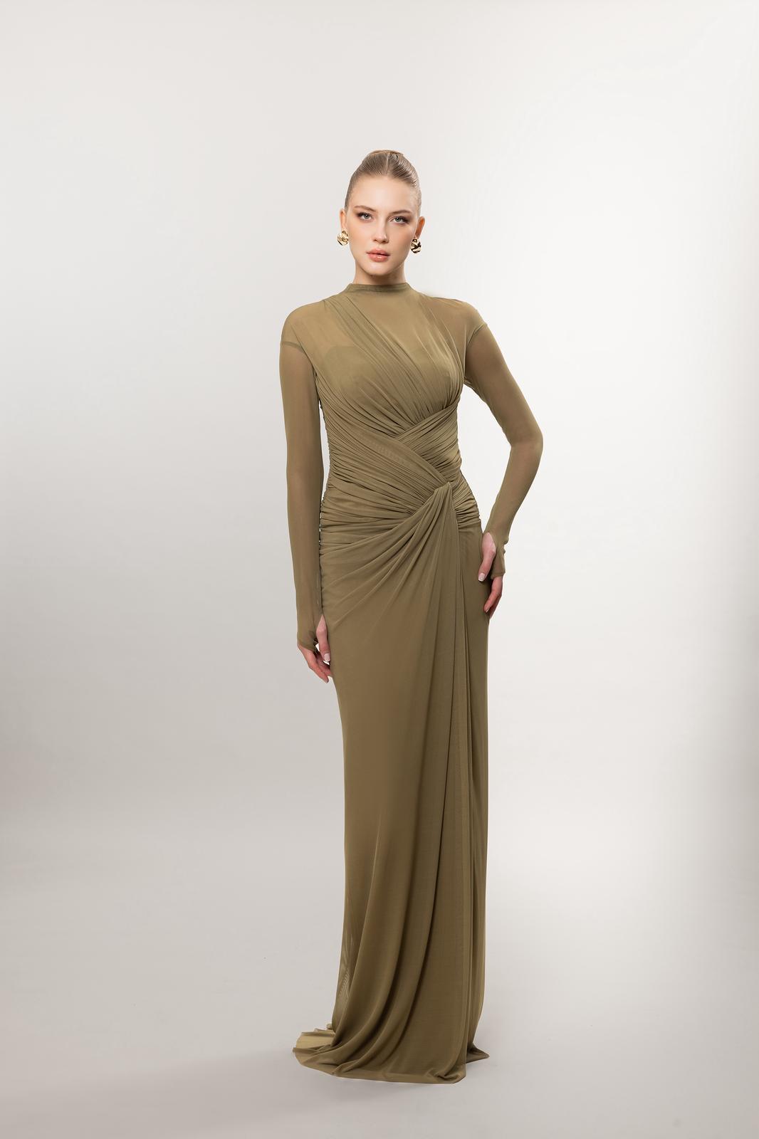 Kenzel Yaka Drape Detaylı Abiye Elbise-26080