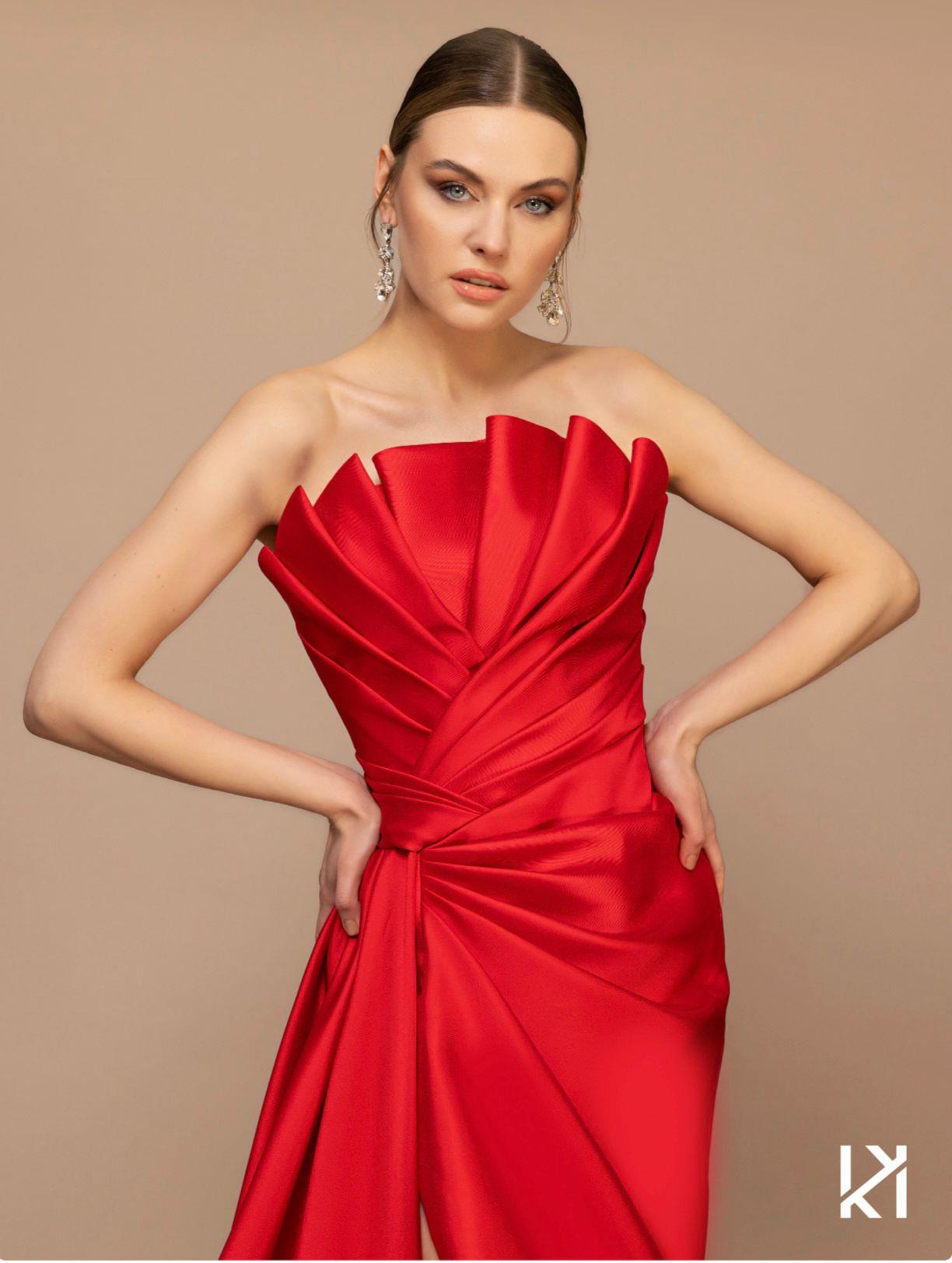 Kenzel Yaka Drape Detaylı Tafta Abiye Elbise-7084
