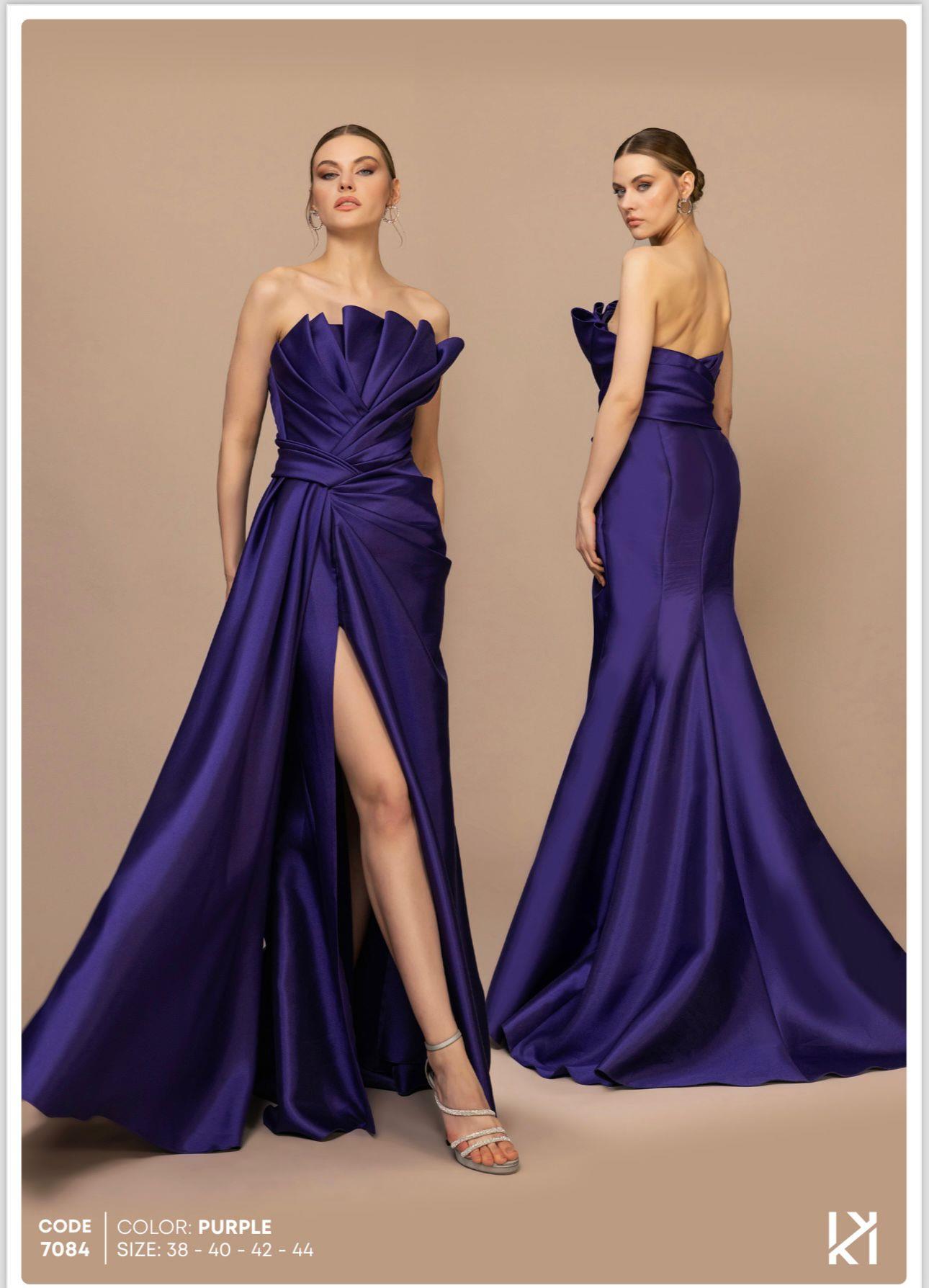 Kenzel Yaka Drape Detaylı Tafta Abiye Elbise-7084 - Görsel 3