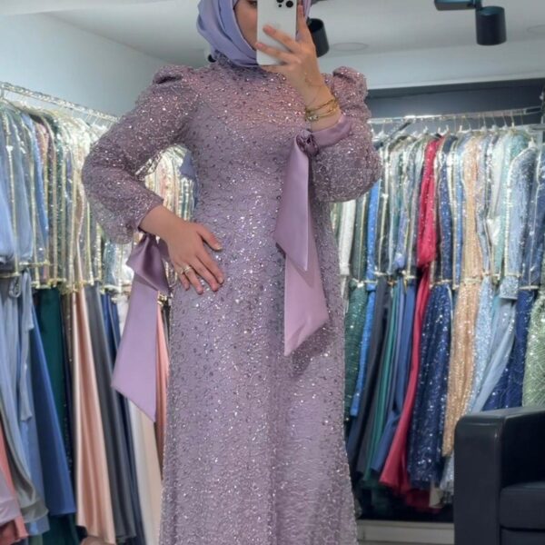 New Elegans Kolları Kurdele Detaylı Abiye Elbise-2383
