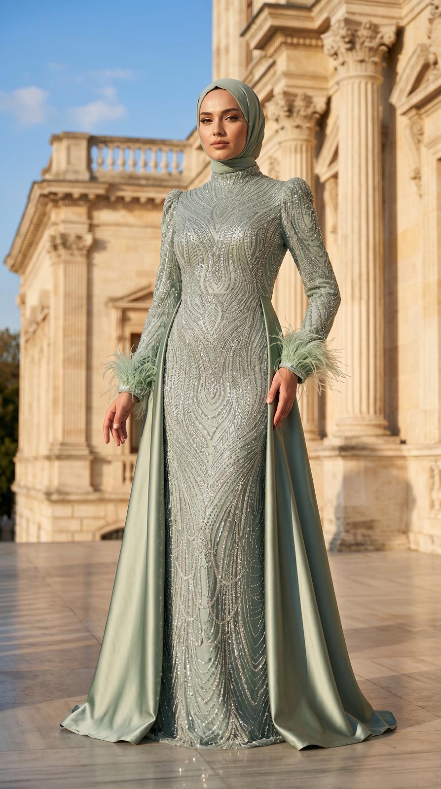 New Elegans Pelerin Detaylı Abiye Elbise-2440 - Görsel 3