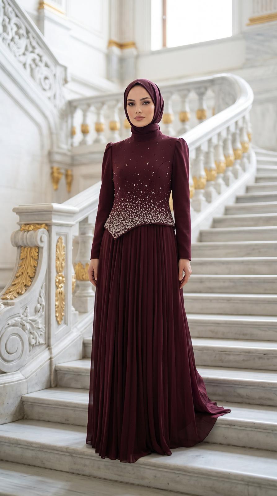 Tuay Önü Taş Detaylı Abiye Elbise-4498