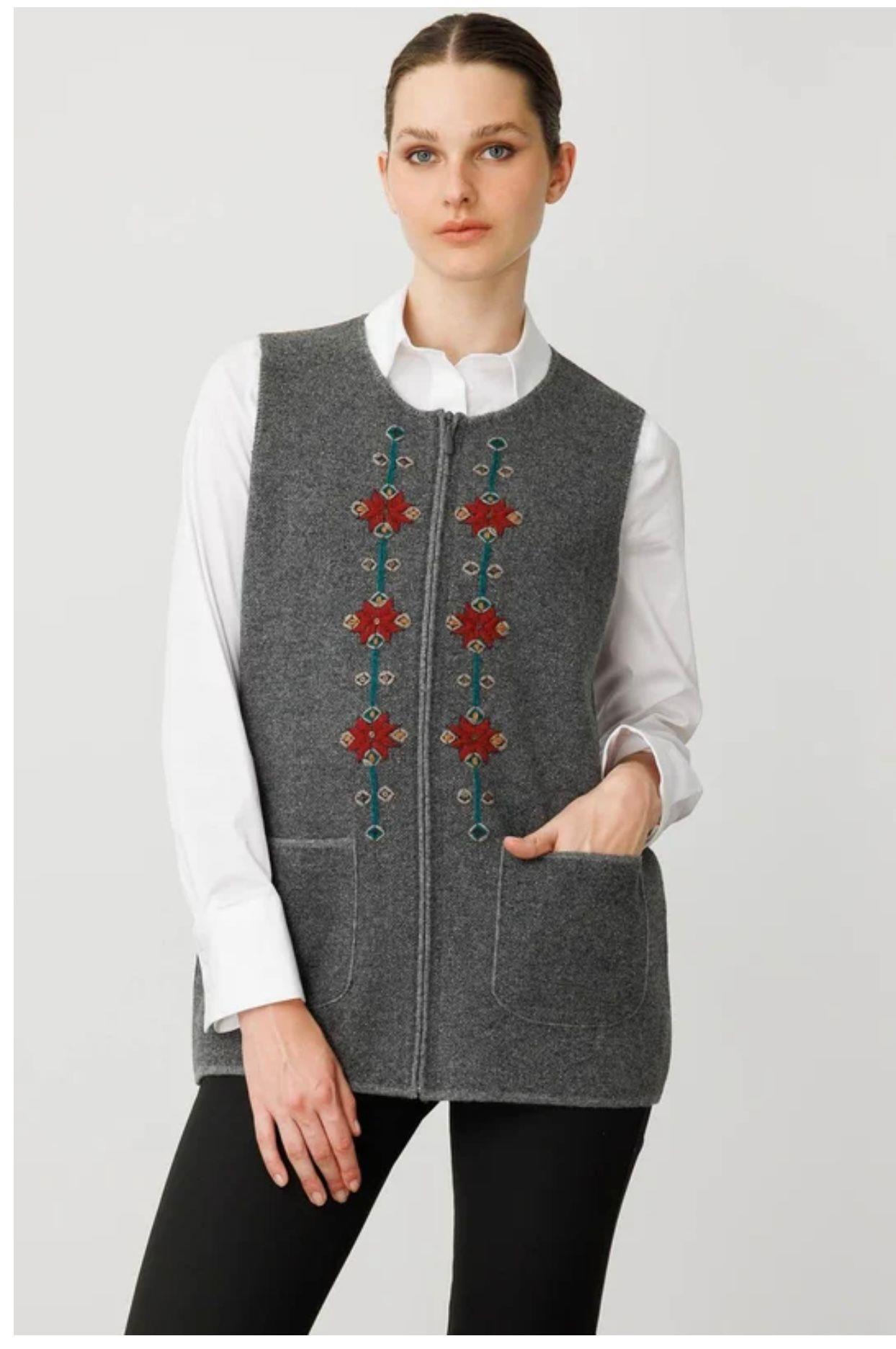 Desen Triko Önü Kilim Nakış İşlemeli Yün Yelek-25001 - Görsel 4