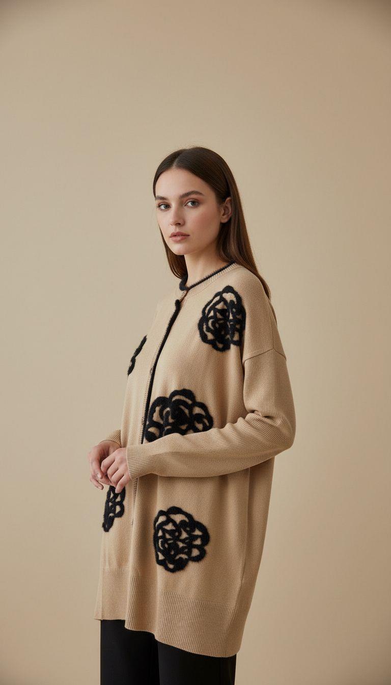 Ghisa Önü Çiçek Detaylı Triko Hıırka-3086