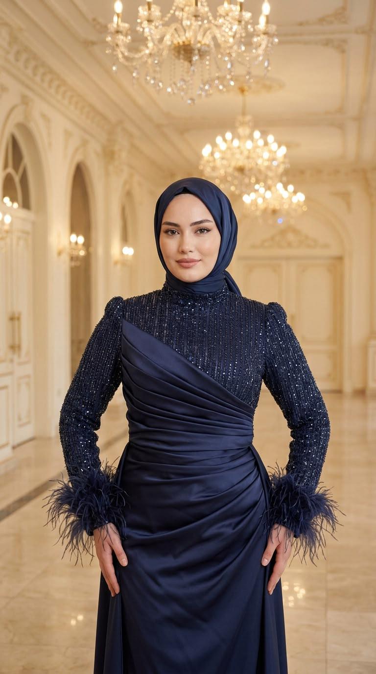 Suenna Kolları Otriş Detaylı Saten Abiye Elbise-243 - Görsel 10
